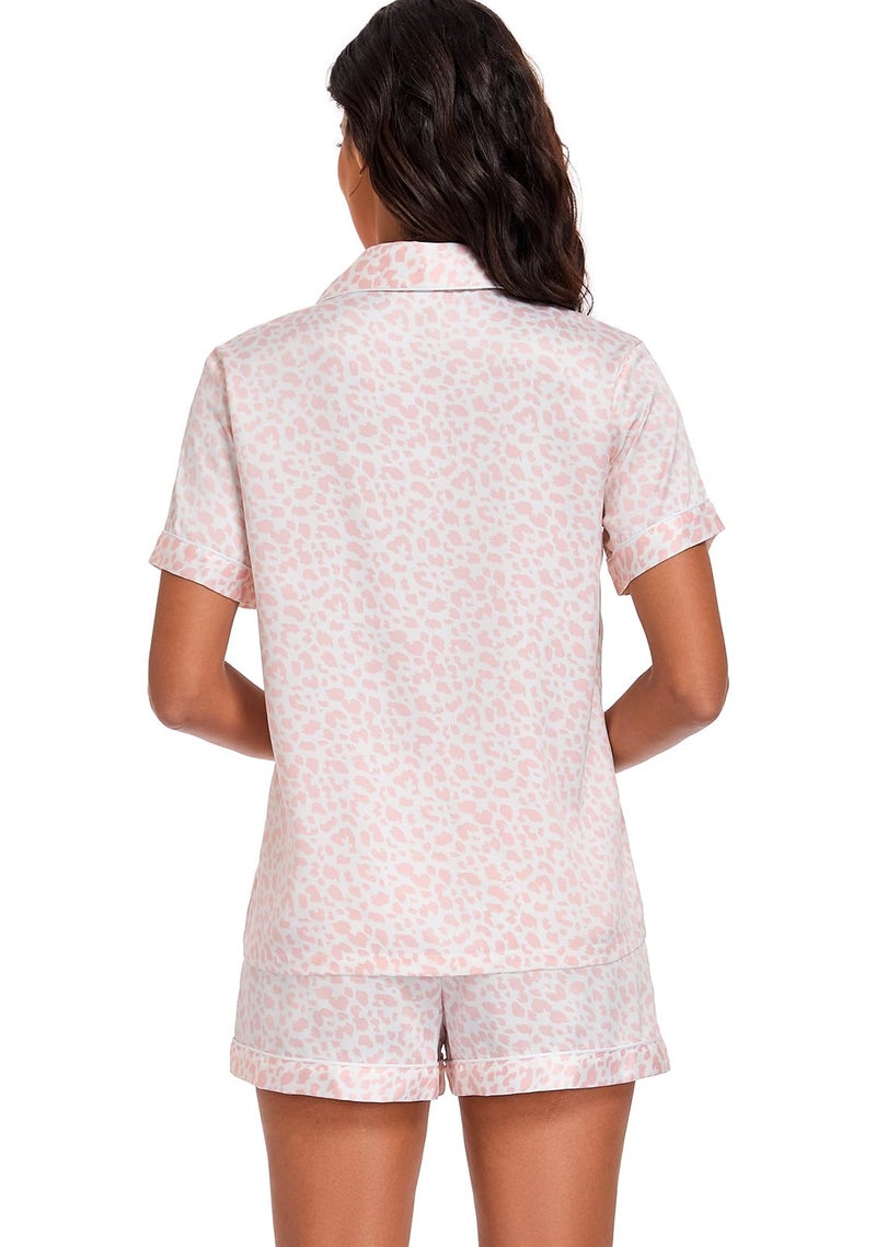 Serenedelicacy Women's Satin Pajama Set 2-Piece Sleepwear Loungewear Button Down Short Sleeve Silky PJ Set (Small, Blush, Leopard) - Image 2